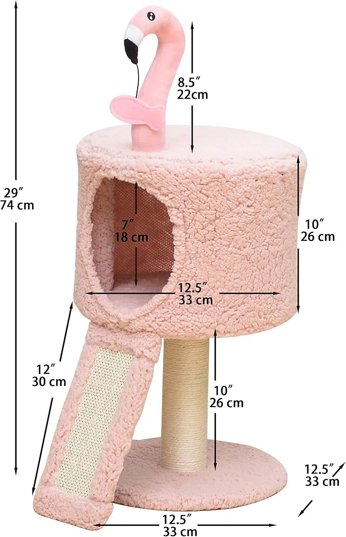 Catry 2-Level Small Cat Tree with Condo, Sisal Scratching Ramp & Post | Cute Pink Flamingo-themed Cat Tree with a Cozy Condo, Replaceable Sisal Scratching Posts, Sisal Ramp, and a Built-in Toy