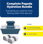 PetSafe Drinkwell Pagoda Ceramic Fountain, 70 oz, 4-Pack Carbon Filters | 2 Falling Water Streams Encourage Hydration, Cat & Small Dog Water Fountain, 4-Pack Carbon Filters