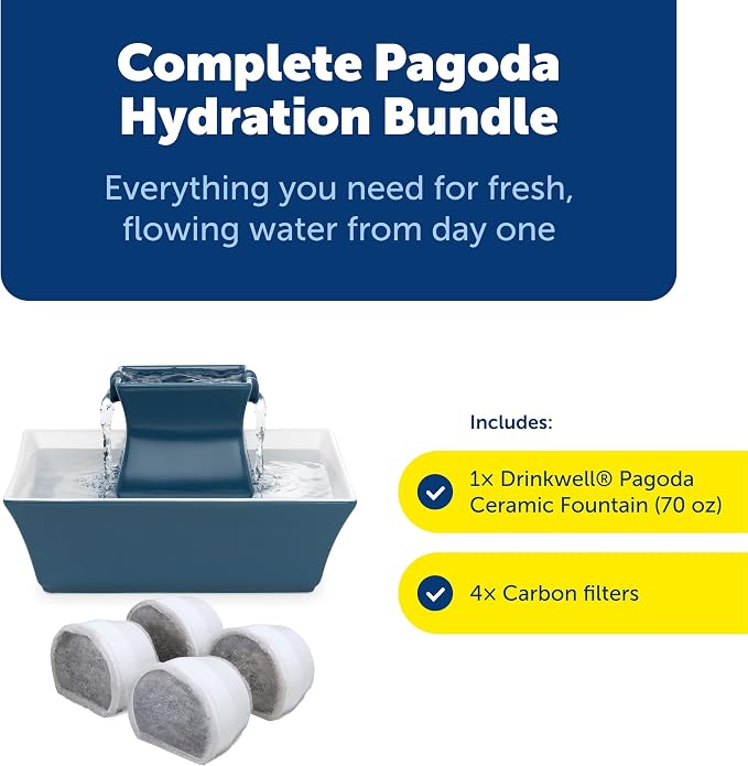 PetSafe Drinkwell Pagoda Ceramic Fountain, 70 oz, 4-Pack Carbon Filters | 2 Falling Water Streams Encourage Hydration, Cat & Small Dog Water Fountain, 4-Pack Carbon Filters