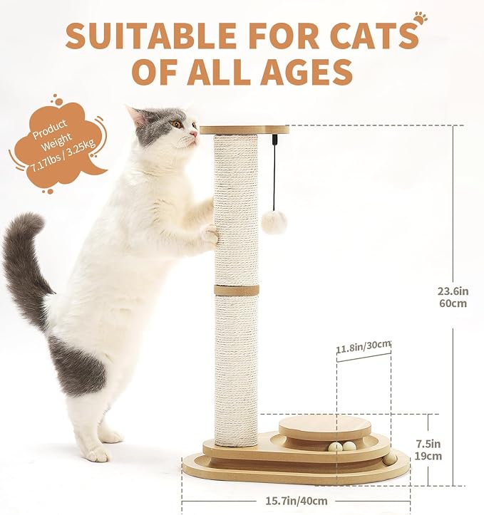 Made4Pets Cat Scratching Post for Indoor Cats with Ball Track 23.4" | Interactive Cat Scratching Post with Natural Sisal Rope, Rolling Ball Track and Taller Scratching Height, Modern Home Décor