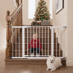 Mumeasy 29.7–48" Baby Gate for Stairs, Dog Gate for Doorways, Auto Close Child Gate, Indoor Safety Pet Gate with Walk Thru Door, Easy Install Pressure Mounted Extra Wide Gate for Kitchen, House,White