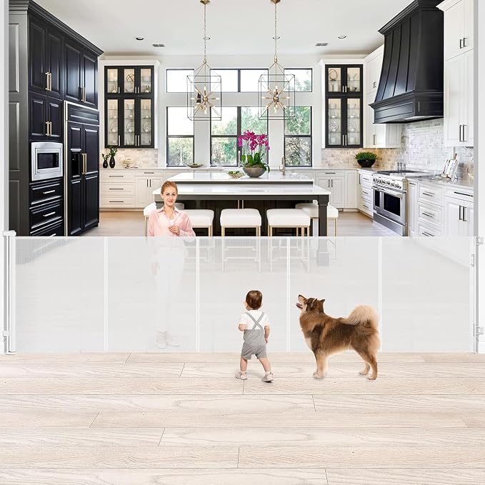 Reinforced 42" Tall Baby Gate 120" Wide Retractable Dog Gate Indoor/Outdoor | Tall Retractable Gate Prevent Crawling Under, Easy One-Hand Operation Safety Lock, Scratch-Resistant Mesh, Easy Install/White