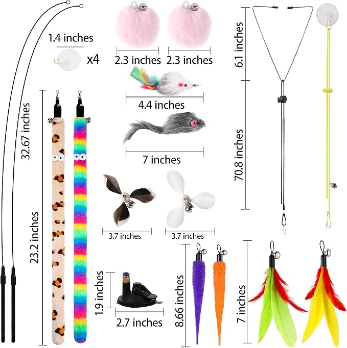 Soarer 4in1 Interactive Cat Wand Toys with Suction Cup for Indoor Cat,12Pcs | Enhanced Suction Cup,Fishing Pole Cat Stick Toy Replacement,2 Types Door Hanging Cat String Toy for Indoor Kitten Self Play
