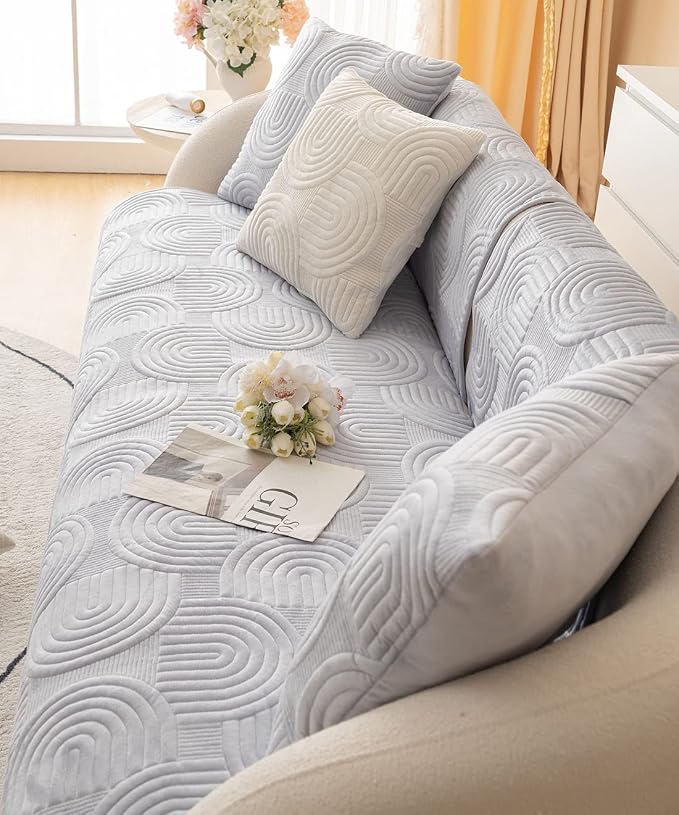 Soft Plush Geometric Quilted Couch Sofa Cover Boho Non Slip Fuzzy Sectional Couch Cover Solid Color Washable Sofa Slipcover Furniture Protector for Kids Dogs Cats (Gray,36"x70")
