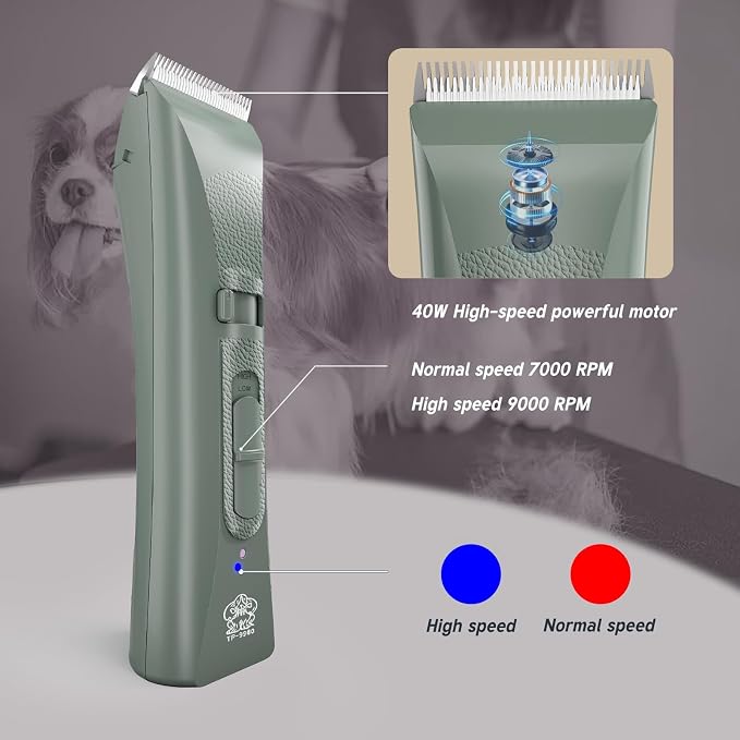 Tife Low Noise Dog Clipper – Cordless Pet Grooming Kit with Rechargeable Battery, Quiet Electric Hair Trimmer for Thick Coats, Adjustable Blade Pet Shaver for Dogs & Cats (Green)