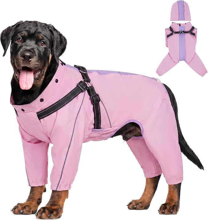 QBLEEV Lightweight Dog Windbreaker, Waterproof Outdoor Jacket, Pink, 3XL | Waterproof & windproof | built-in harness | easy on and off with dual closure | reflective safety strips | detachable hood