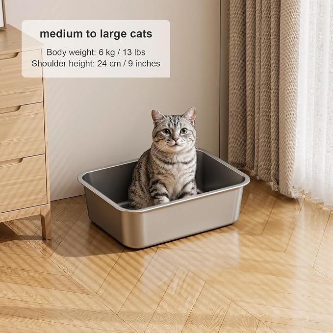 Stainless Steel High Sided Cat Litter Box | Sturdy Metal, Odor-free, Cat Litter Non-stick and Easy to Clean, Ideal for Indoor Cats, Kittens and Multicat Houses