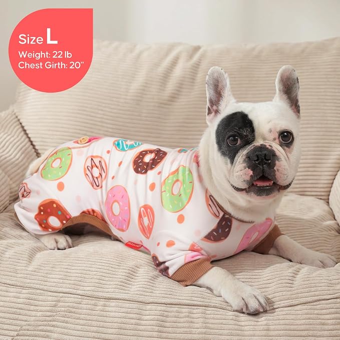 KYEESE Dog Pajamas, Soft Dog Pajamas for Small Dogs Boy Girl, Stretchy Dogs Pjs Velvet Pet Jumpsuit Sleepwear, Comfy Jammies Lightweight Pet Onesie Outfit, Donut, L