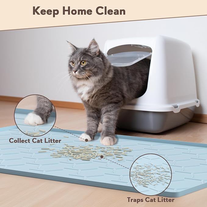 Garoopion Silicone Cat Litter Mat 34×22 inch, Easy to Clean, Blue | Waterproof Silicone Mat with Raised Edges, Catch Litter, Protect Floor from Urine, Multi-Use for Dog/Sink/Kitchen/Boots