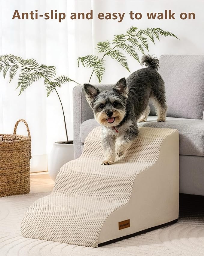 Aodisman Dog Stairs for Small Dogs,3 Step Dog Ramp for Couch,Non-Slip Steps | Pet stairs help small dogs, old cats, and puppies reach couches and chairs easily, durable indoor dog steps,15.4" H,Beige