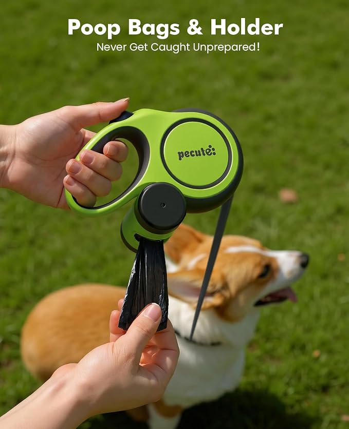 Pecute Chew Proof Retractable Dog Leash 16.4ft for Dogs 11-66 lbs | Heavy Duty Dog Leash Retractable with Steel Anti-Chew Cable, Lightweight, Non-Slip Grip, Built-in Poop Bag Holder, Reflective