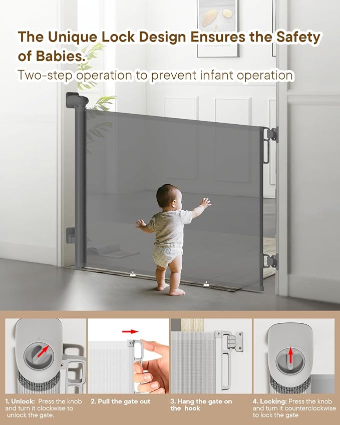 Retractable Baby Gate for Stairs – 34" Height, Expands up to 71" Width, Safety Gate for Infants, Toddlers, Dogs & Pets, Easy Install, Gray Puppy Gate for Indoor & Outdoor Use, Gray | Extra Long Mesh Baby & Pet Gate with Anti-Crawling Hook, Safety Lock,...
