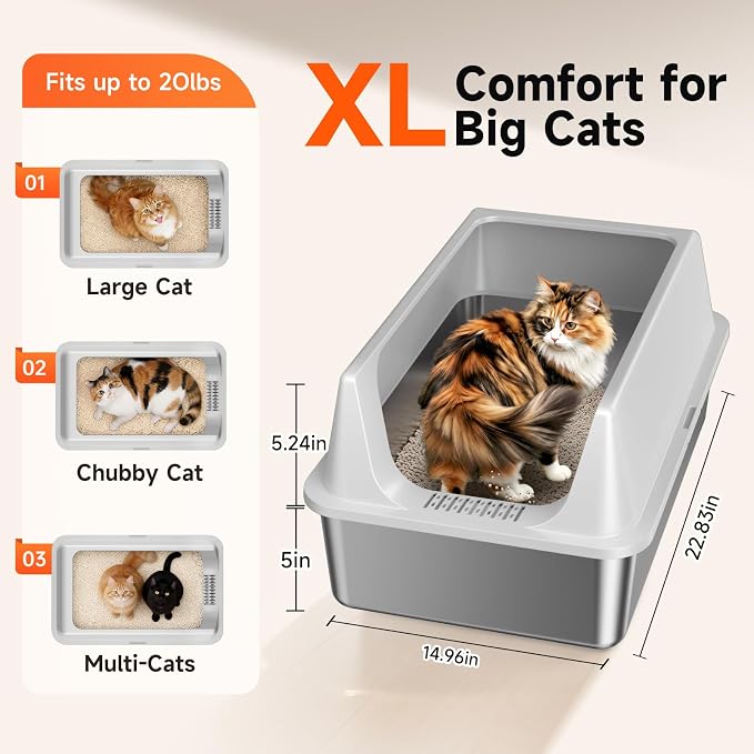 2 Pack XL Stainless Steel Litter Box with High Sides for Large Cat | Extra Large Tall Wall Open Top Deep Metal Pan, Anti-Leak Non-Stick Odor Control, 2 Scoops Included
