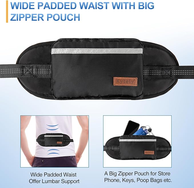 Kytely Hands Free Dog Leash with Zipper Pouch, Wide Padded Waist Dog Running Leash, Dual Padded Handles, Retractable Bungee for Walking Jogging Training Hiking