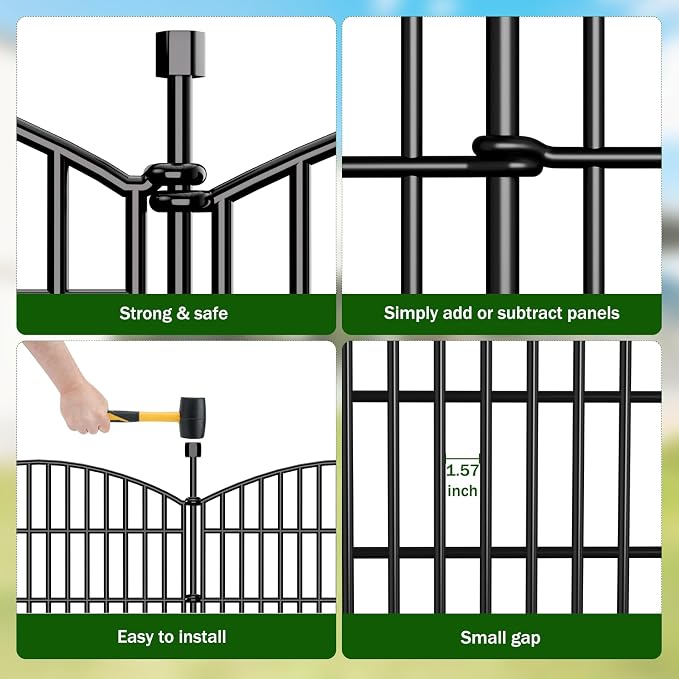 5 Panel No Dig Decorative Garden Fence 24" H x 10'L Outdoor Dog Barrier | Rustproof welded steel with deep ground stakes for yards, patios. Modular design contains pets, rabbits, small animals.
