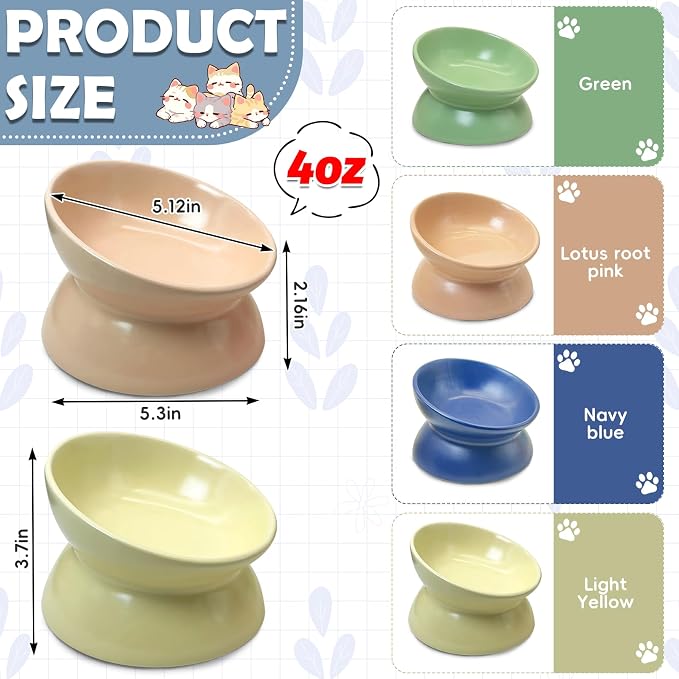 kathson 4 Pcs Ceramic Raised Cat Bowls, Elevated Tilted Cat Food Bowl, Anti Vomiting Pet Food Bowl, Colorful Porcelain Pet Feeder Dish for Cats and Small Dogs,Stress Free, Whisker Fatigue