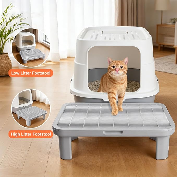 Cat Step Ramp Adjustable Litter Box Step with Filter Function, Black | Elevated Double Layer Litter Box Ramp for Kitten & Old Cats, Easy Cleaning Litter Box Step Stool for Automatic Cat Litter Box