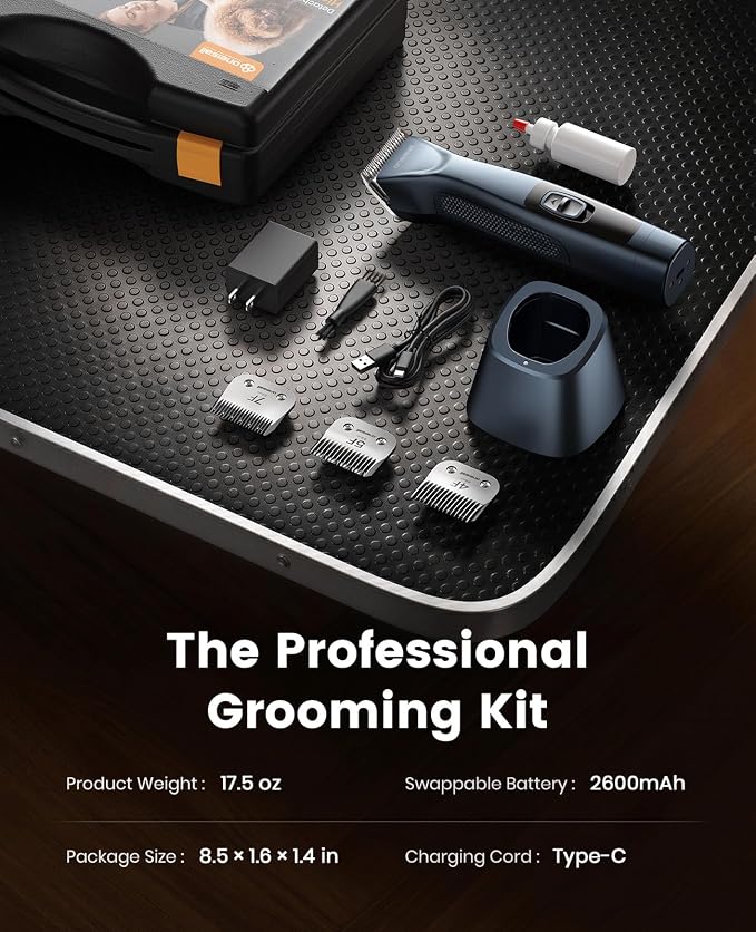 oneisall Professional Dog Clippers 4 Length A5 Blades with Carring Case | 3700SPM 2-Speed, 2600mAh Swappable Battery, Low Noise Dog Grooming Clippers for Thick Long Curly Matted Hair