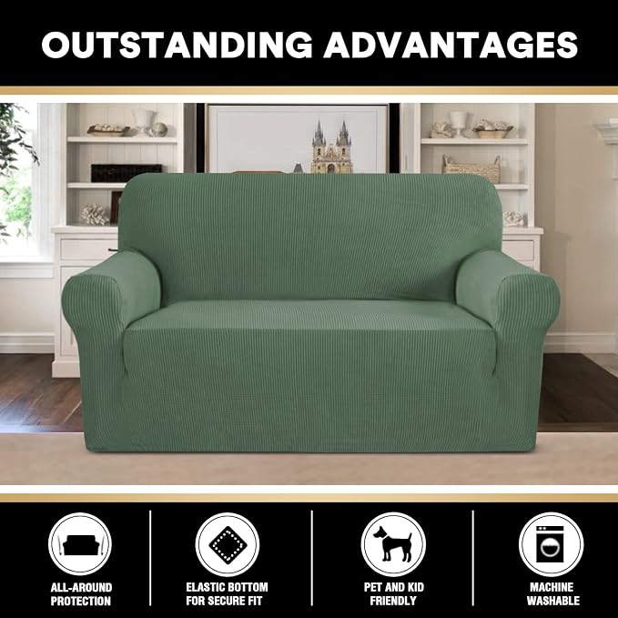 Stretch Loveseat Sofa Cover Slipcover Couch Cover for 2 Cushion Sofa Washable Sofa Cover for Pets Friendly Furniture Protector Covers with Non Slip Bottom(Loveseat, Loden Frost)