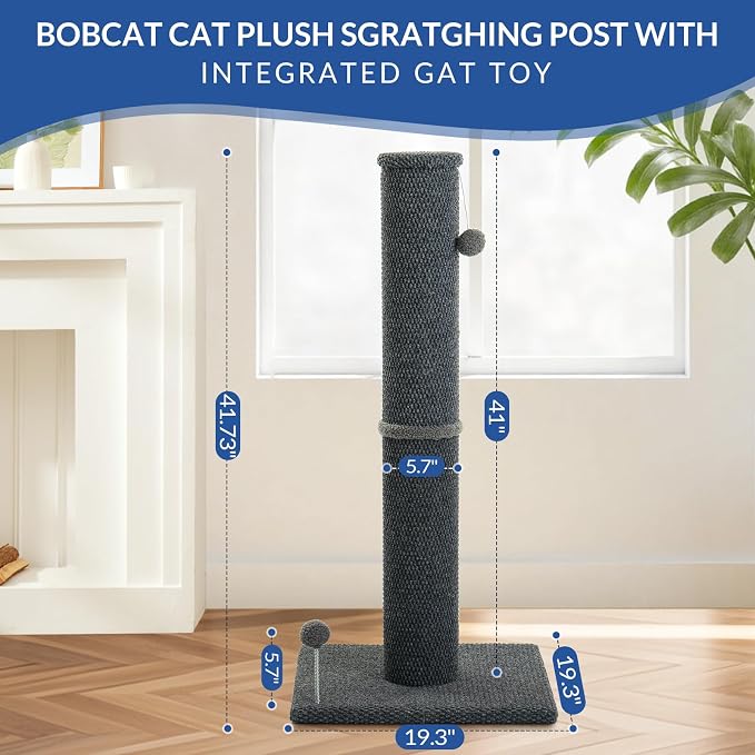 Cat Craft Reticulated Short Plush Tall Cat Scratching Post, Light Gray | 41in textured reticulated plush scratcher, anti-tip thick base, swappable balls for cat scratching & interactive climbing