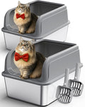 Powools Stainless Steel Cat Litter Box, High-Sided, Grey, M (2 Pack) | Metal Litter Box with Scoop, Anti-Leakage Top Entry, Non-Sticky, Easy to Clean, 6-Inch Splash-Proof Deep Pan