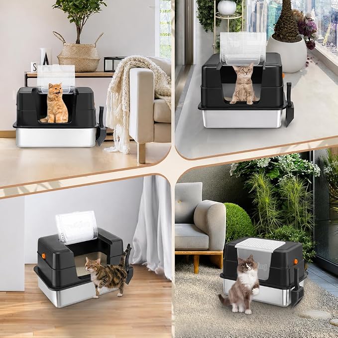 Vivifying Stainless Steel Litter Box, XL Side Entry Extra Large Litter Box with Lid for Big Cats & Kitty, Removable Enclosed Metal Cat Pan with High Sided Enclosure, Scoop (Black)