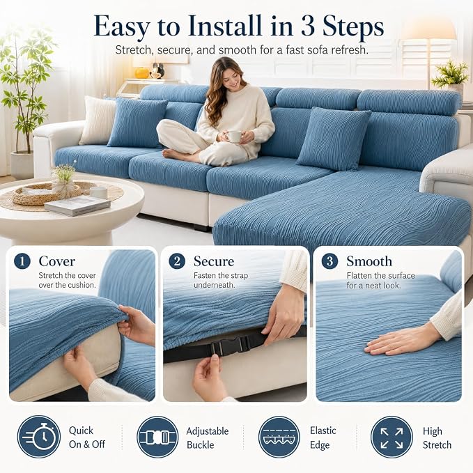 Stretch Sofa Slipcover, 2026 Upgraded Non Slip Couch Cover with Adjustable Straps, Pet Dog Cat Friendly Furniture Protector for 3 Seater, Washable for Living Room