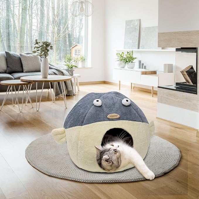 Cat Beds for Indoor Cats-19.7''Cute Pufferfish Larger Cat Cave Bed,Grey XL | 2 in 1 Animal-Shaped Cat House with Removable Washable Cushioned Pillow,Soft plush Cat Tent for cat Hideaway,Machine Washable