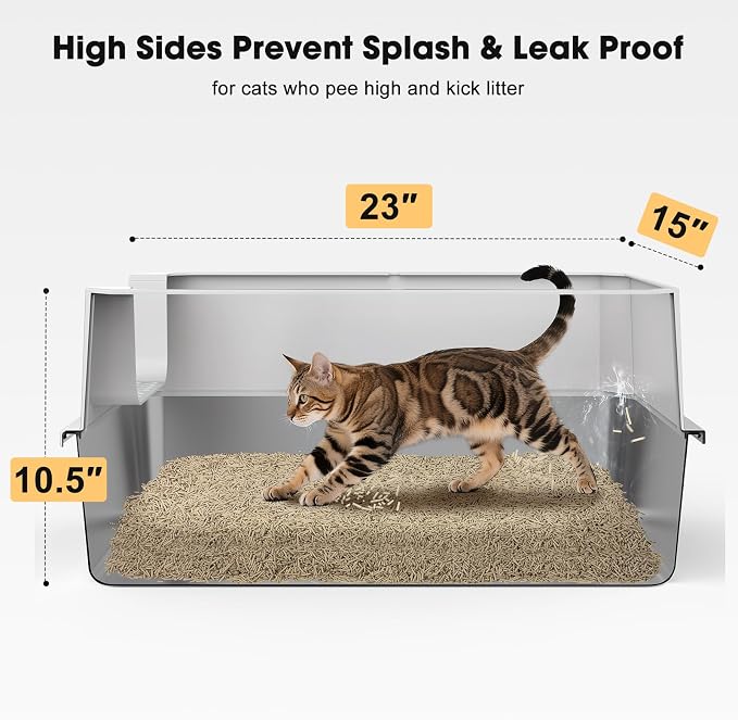 FURTIME Stainless Steel Cat Litter Box, Large Cats Metal Litter Box | High-Sided Open-Top Easy-Clean Litter Pan, Non-Stick, Anti-Leakage, Odor-Free, Comes with Scoop & Mat, 23"×15"×10.5"