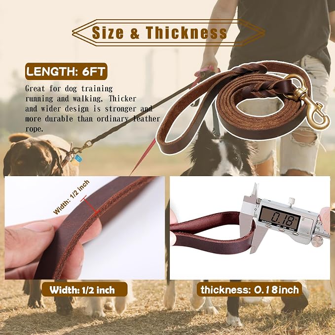 Leather Dog Leash - 6ft x 1/2 inch, Heavy Duty Genuine Leather Braided Training Leash, Comfortable for Large, Medium, Small Dogs (Brown)