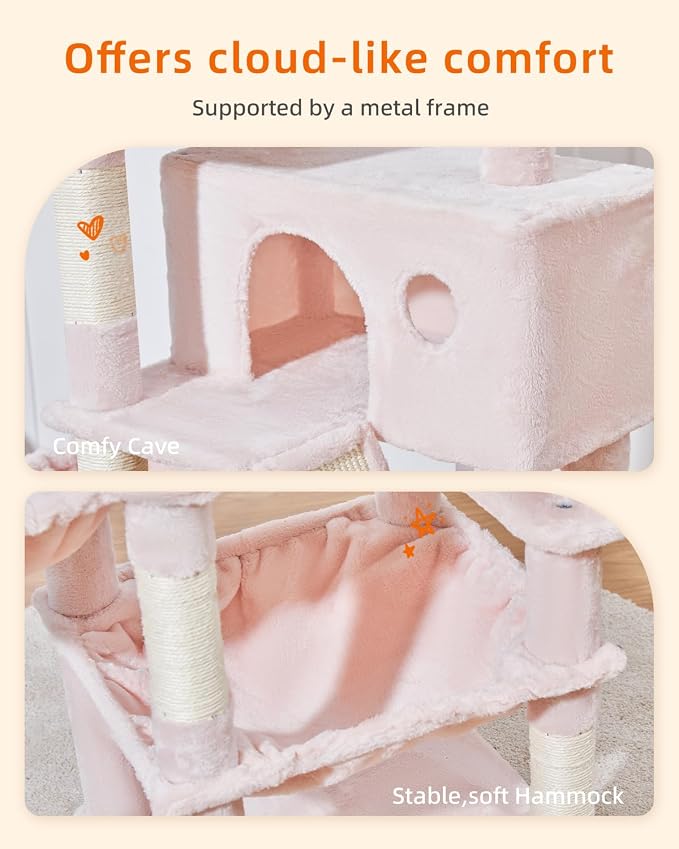 Taoqimiao Sturdy Cat Tree, 58In Cat Tower for Indoor Cats Large Adult | Spacious Cat Condo, 2 Cute Perches, Metal Frame Cozy Hammock, 1 Scratch Board, 8 Natural Sisal Posts, Basket, Pink, MS026P
