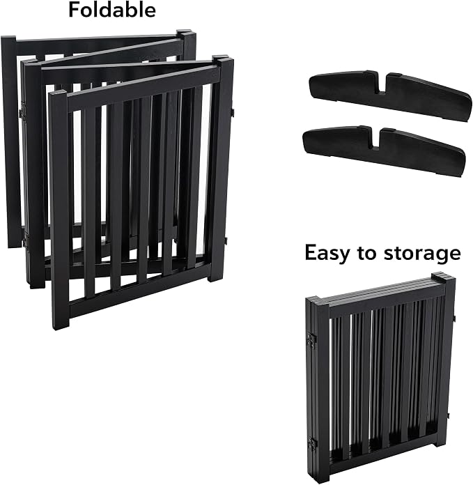 LZRS Wooden Free Standing Dog Gate 80" W x 30" H, Foldable Solid Hardwood Pet Safety Fence for House Doorways, Stairs, Hallways, Step-Over Pet Barrier, No Drill Easy Setup, Black