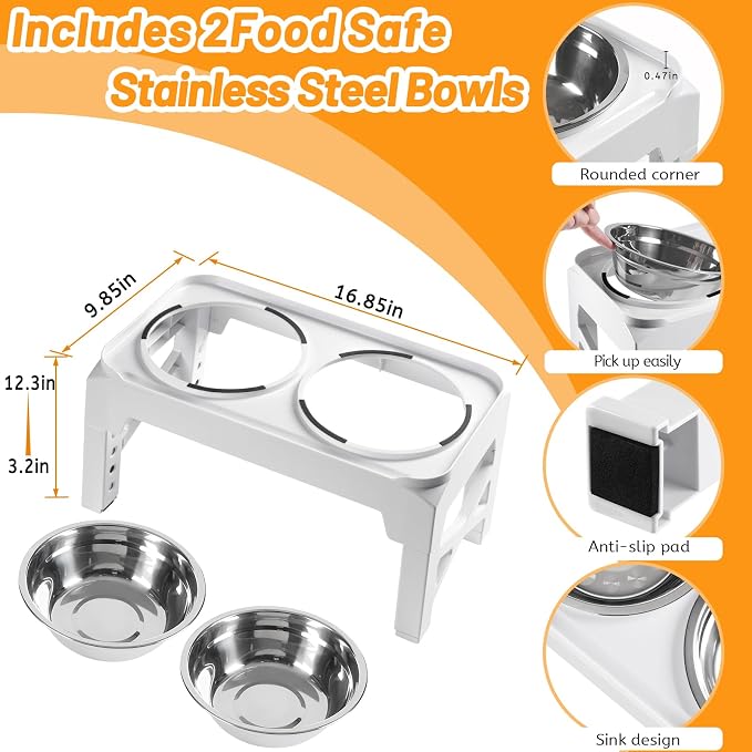Elevated Dog Bowls with 2 Stainless Steel Food & Water Raised Bowls with No Spill Edge Non-Slip Stand Adjusts to 5 Heights(3.2", 8.77", 9.9",11.1", 12.3") for Small Medium Large Dog and Pet White