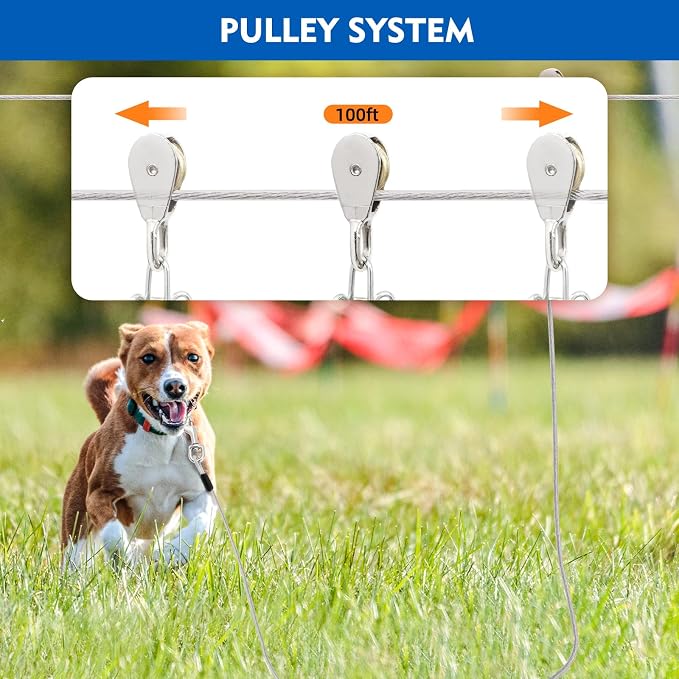 Dog Runner for Yard, Trolley System, 100FT+10FT, Silver | Chew-resistant Cable, Shock Spring Softens Pulls, 360° Swivel Reduce Tangles