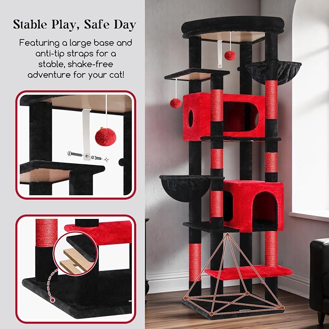 Globlazer Gothic Heavy Duty Cat Tree, 74in Sturdy Goth Cat Tower for Large Cats Adult Big Cat Tree with 7 Scratching Posts, 2 Padded Spacious Condos, 2 Hanging Baskets, Enlarged Perch, S74, Red Black