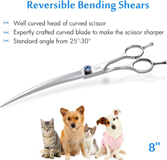 JASON Curved Dog Grooming Scissors - 8" Cats Trimming Shears Right Handed | Ergonomic Pets Shear with Offset Handle and a Jewelled Screw for Right Handed Groomers Long Sharp Comfortable, Gift