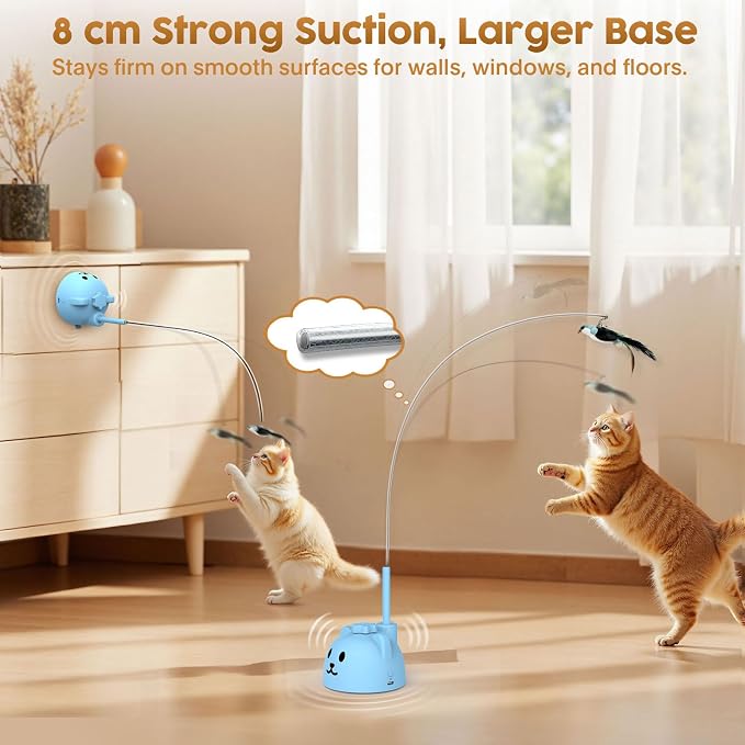Interactive Cat Toys for Indoor Cats, 360° Automatic Spin Flying Bird Wand | 8cm Suction Cup & Weighted Base, Silicone-Protected Rod, USB Rechargeable with Replaceable Feather & Streamer Attachments