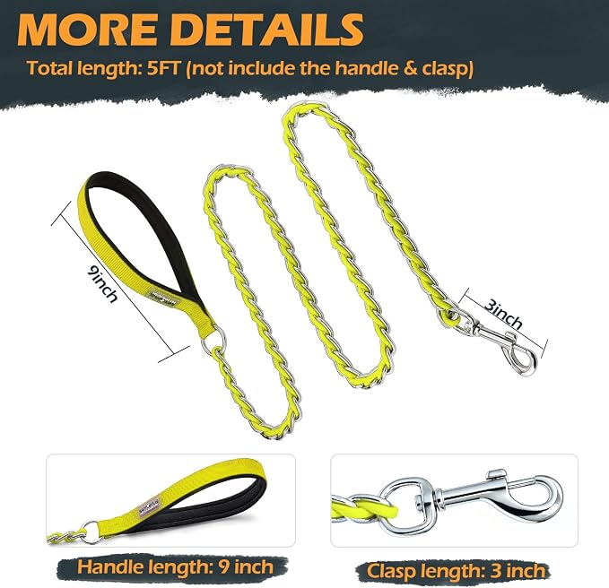 S-ETOVUS-Chain Dog Leash, Bite-Proof Metal Leash, with Padded Handle | Three Sizes 7.25FT/5.2FT/4FT, Woven From Nylon Rope And Chain, Durable And Bite-Resistant, Comfortable With Padded Handles