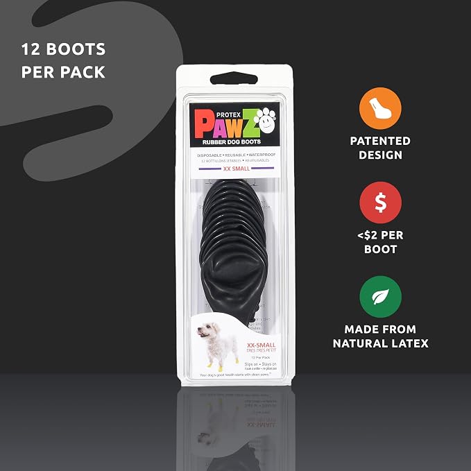 PawZ Rubber Dog Boots for Small Paws - All-Weather Waterproof Dog Shoes, Anti-Slip Traction for Rain, Snow, Mud & Hot Pavement - Pull-On Dog Booties, Black - XX-Small (1"-1.5") - Pack of 24