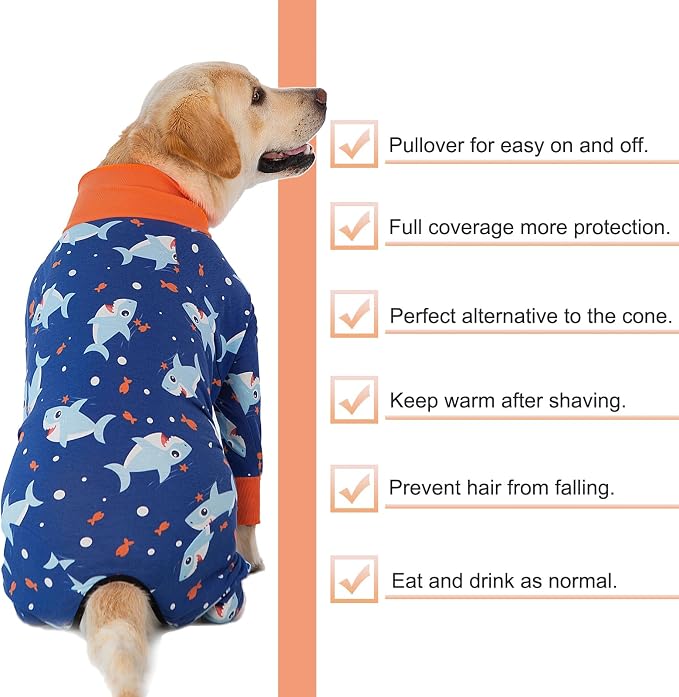 Dog Recovery Suit After Surgery Female Male, Medium Large Dog Neuter Shirt Cone Alternatives Prevent Licking Surgical Onesies (Blue Shark, 6XL)
