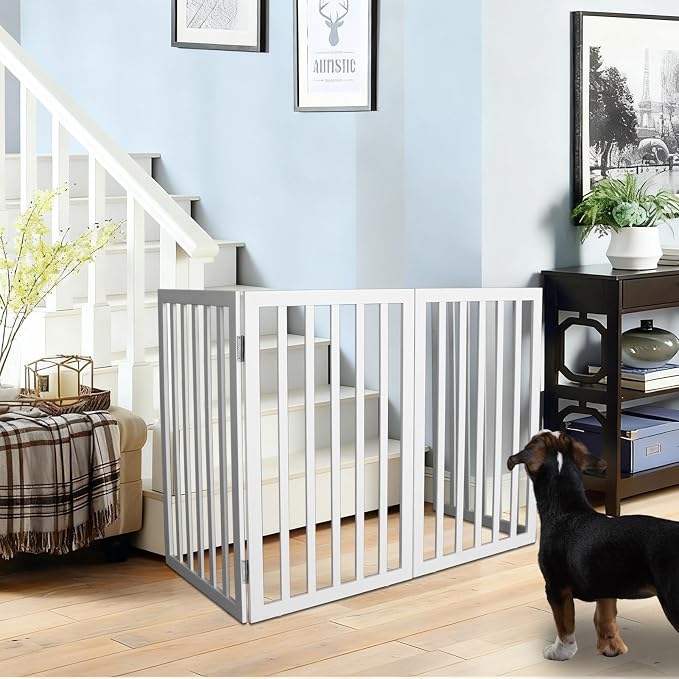 ZJSF Freestanding Indoor Dog Gate for House Foldable Wood White Puppy Gate for Doorways Pet Gate for Stairs Extra Wide Pet Fence 32" Height 2 Panels