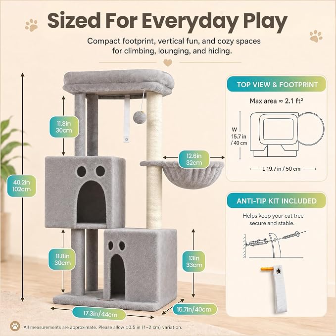 Small Cat Tree Tower for Indoor Cats, 40 in Medium Cat Bed Scratching Posts | Multi Level Compact Kitty Kitten Houses Climbing Trees Stands with 2 Condos Sisal Post Perch Platform Hammock Plush Toy Balls
