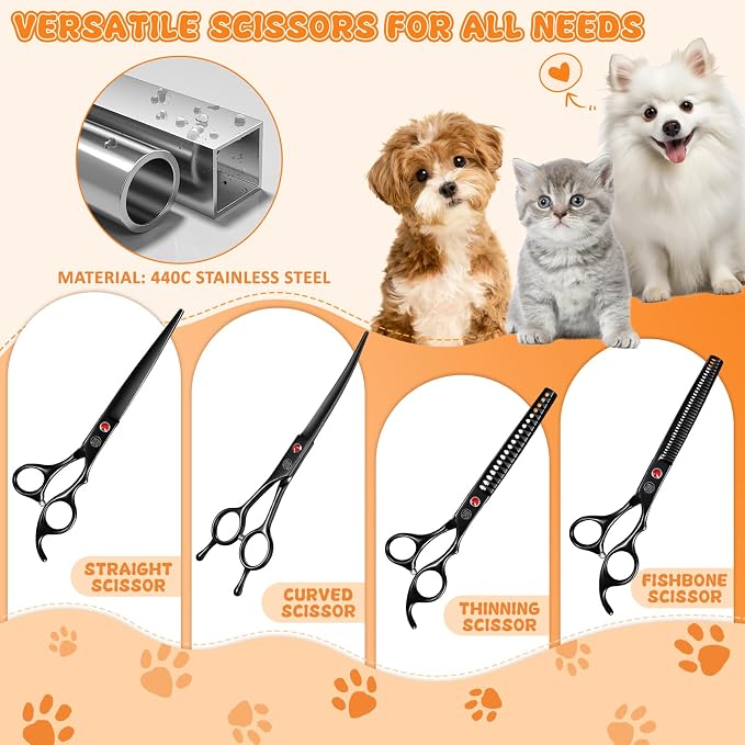 Professional Dog Grooming Scissors Set, 7 Inch/8 Inch Pet Grooming Scissors Chunkers Shears for Dog, Curved Dog Grooming Scissors, Thinning Shears for Dog with Grooming Comb | Pet Grooming Chunkers Shears for Dog, Curved Dog Grooming Scissors, Thinning...