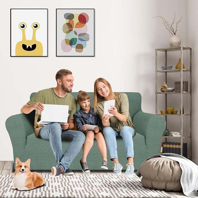 MAXIJIN Loveseat Cover Sofa Covers (55"-69"), 1-Piece Stretch Couch Covers for 2 Cushion Couch Love Seat Slipcover with Elastic Bottom for Kids,Dog (Loveseat, Diamond Pattern Pea Green)