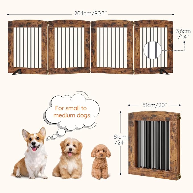 HOOBRO Indoor Dog Gate with Support Feet, 24 Inch 4 Panels, Freestanding Pet Gate for Doorway, Stairs, Folding Dog Fence, 360° Hinge for Easy Access, Sturdy Iron Pipe, Rustic Brown BF54PP03