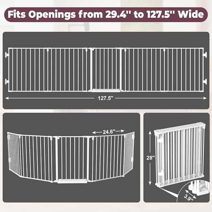 127.5" Wide Configurable Baby Gate for Fireplace Christmas Tree | Extra Wide Child Gate for Large Openings with Anti-Trip Pedal, Long Kid Gate for Dog Pet, 28'' Tall 5 Metal Panels White
