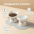 Elevated Ceramic Cat Bowls, 15°Raised Cat Food Bowl, Whisker Friendly Anti Vomiting Cats Dishes, Anti Vomiting & Protect Pet's Spine, Feeder Dish for Indoor Kitty and Small Dogs (Cat Pattern)