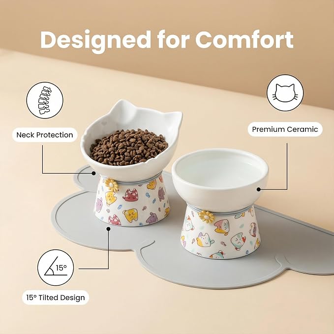 Elevated Ceramic Cat Bowls, 15°Raised Cat Food Bowl, Whisker Friendly Anti Vomiting Cats Dishes, Anti Vomiting & Protect Pet's Spine, Feeder Dish for Indoor Kitty and Small Dogs (Cat Pattern)