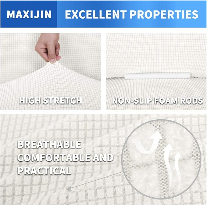 MAXIJIN Super Stretch Couch Cover for 3 Cushion Couch, 1-Piece Universal Sofa Covers Living Room Jacquard Spandex Furniture Protector Dogs Pet Friendly Fitted (Extra Large, White)