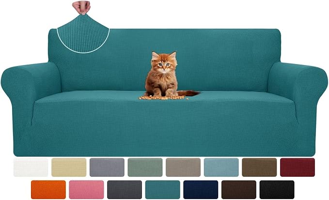 MAXIJIN Super Stretch Couch Cover for 3 Cushion Couch, 1-Piece Universal Sofa Covers Living Room Jacquard Spandex Furniture Protector Dogs Pet Friendly Fitted (Large, Peacock Teal)
